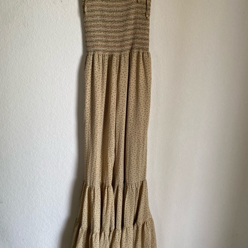 Storia Smocked Boho Hippie Ruffle-Hem Bell Bottom Floral Jumpsuit Mustard M - Picture 4 of 16